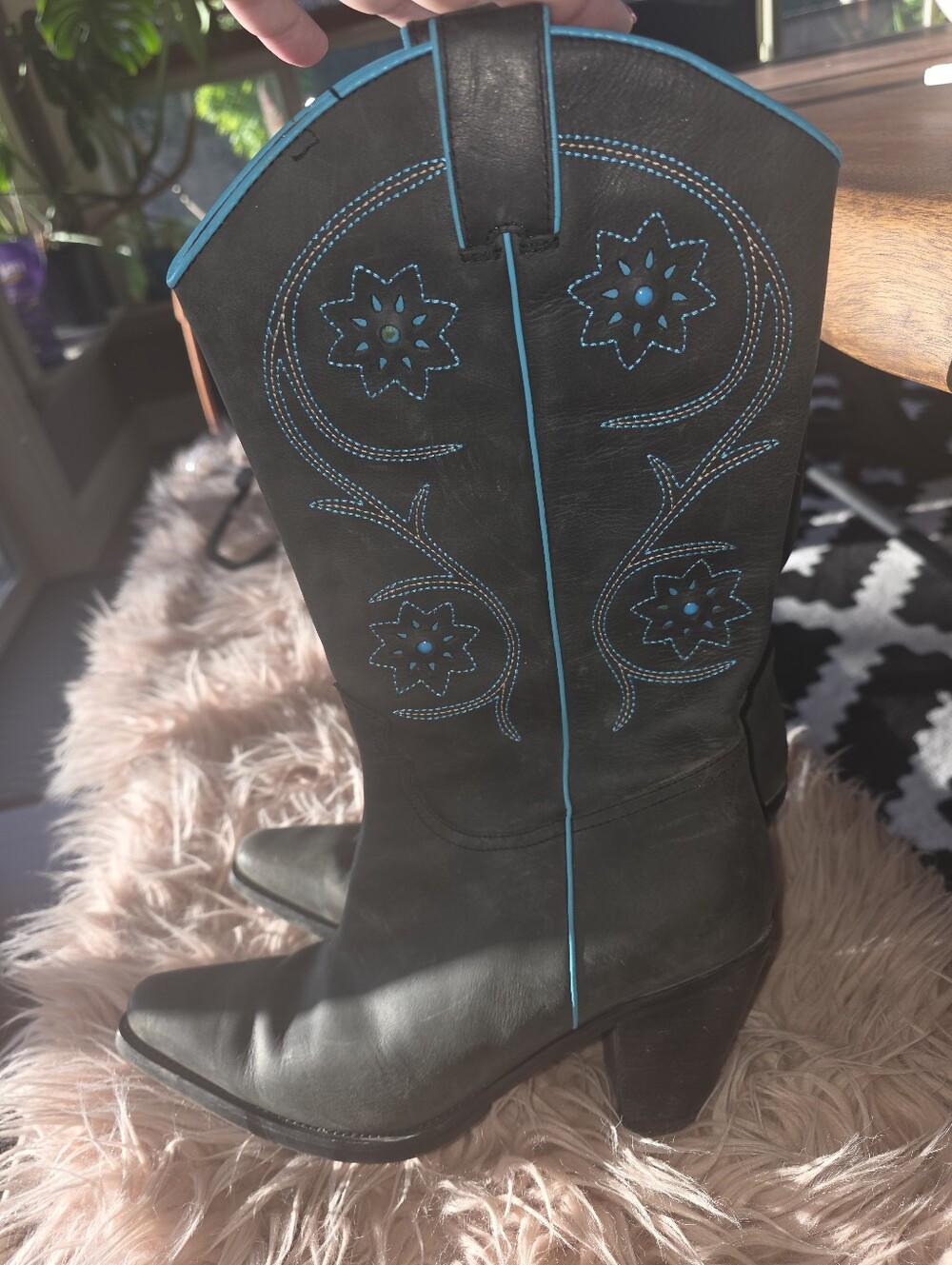 Franco Sarto Black Leather Western Boots with Turquoise Accents